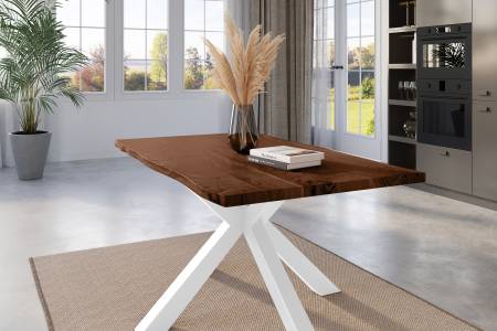 Esstisch Baumkante 160 x 85 cm Akazie nussbaum massiv Spider-Gestell weiß KALEA