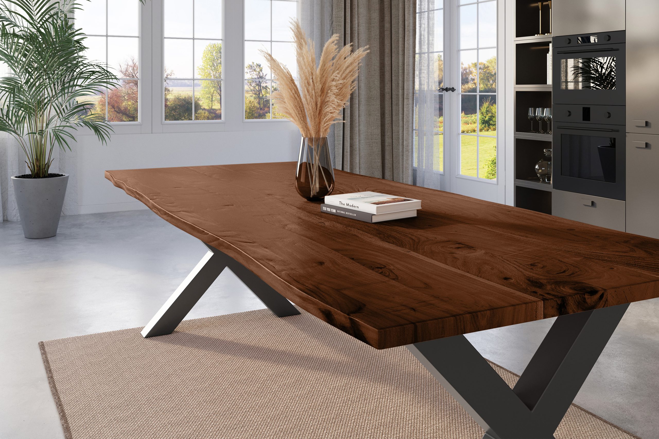 Esstisch Baumkante 240 x 100 cm Akazie nussbaum massiv X-Gestell schwarz NICK – Bild 5