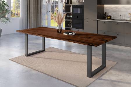 Esstisch Baumkante 300 x 100 cm Akazie nussbaum massiv U-Gestell schwarz NICK