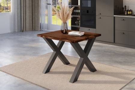 Esstisch Baumkante 80 x 80 cm Akazie nussbaum massiv X-Gestell schwarz NICK