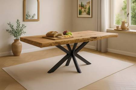 Esstisch Baumkante 250 x 100 cm Teakholz massiv Spider-Gestell schwarz KINAN