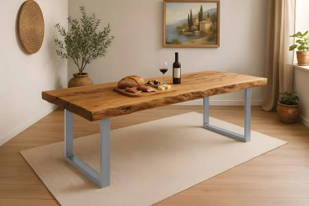 Esstisch Baumkante 300 x 100 cm Teakholz massiv U-Gestell silber KINAN