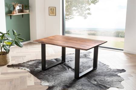 Esstisch Baumkante massiv 140 x 80 cm Akazie nougat U-Gestell schwarz LAURINA