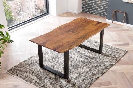 Esstisch Baumkante massiv 160 x 85 cm Akazie nougat U-Gestell schwarz LAURINA