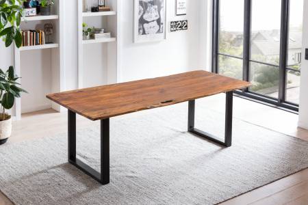 Esstisch Baumkante massiv 240 x 100 cm Akazie nougat U-Gestell schwarz LAURINA
