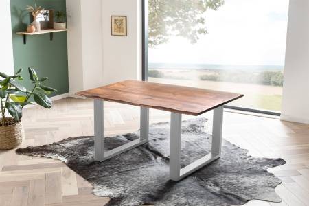 Esstisch Baumkante massiv 140 x 80 cm Akazie nougat U-Gestell silber LAURINA
