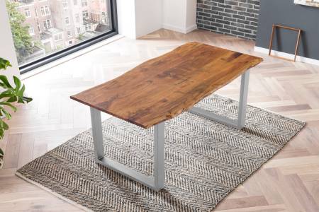 Esstisch Baumkante massiv 160 x 85 cm Akazie nougat U-Gestell silber LAURINA