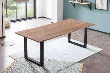 Esstisch Baumkante massiv 220 x 100 cm Akazie stone U-Gestell schwarz LAURINA