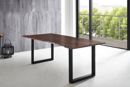 Esstisch Baumkante massiv Akazie nussbaum 220 x 100 U-Gestell schwarz LUBIN