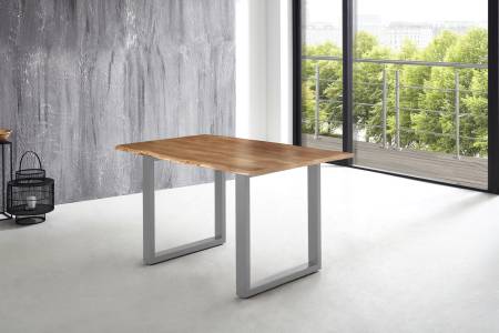 Esstisch Baumkante massiv Akazie natur 180 x 90 U-Gestell silber LUBIN