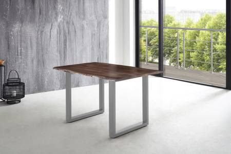 Esstisch Baumkante massiv Akazie nussbaum 160 x 85 U-Gestell silber LUBIN