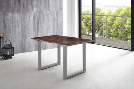 Esstisch Baumkante massiv Akazie nussbaum 180 x 90 U-Gestell silber LUBIN
