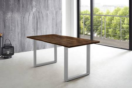 Esstisch Baumkante massiv Akazie nussbaum 200 x 100 U-Gestell silber LUBIN