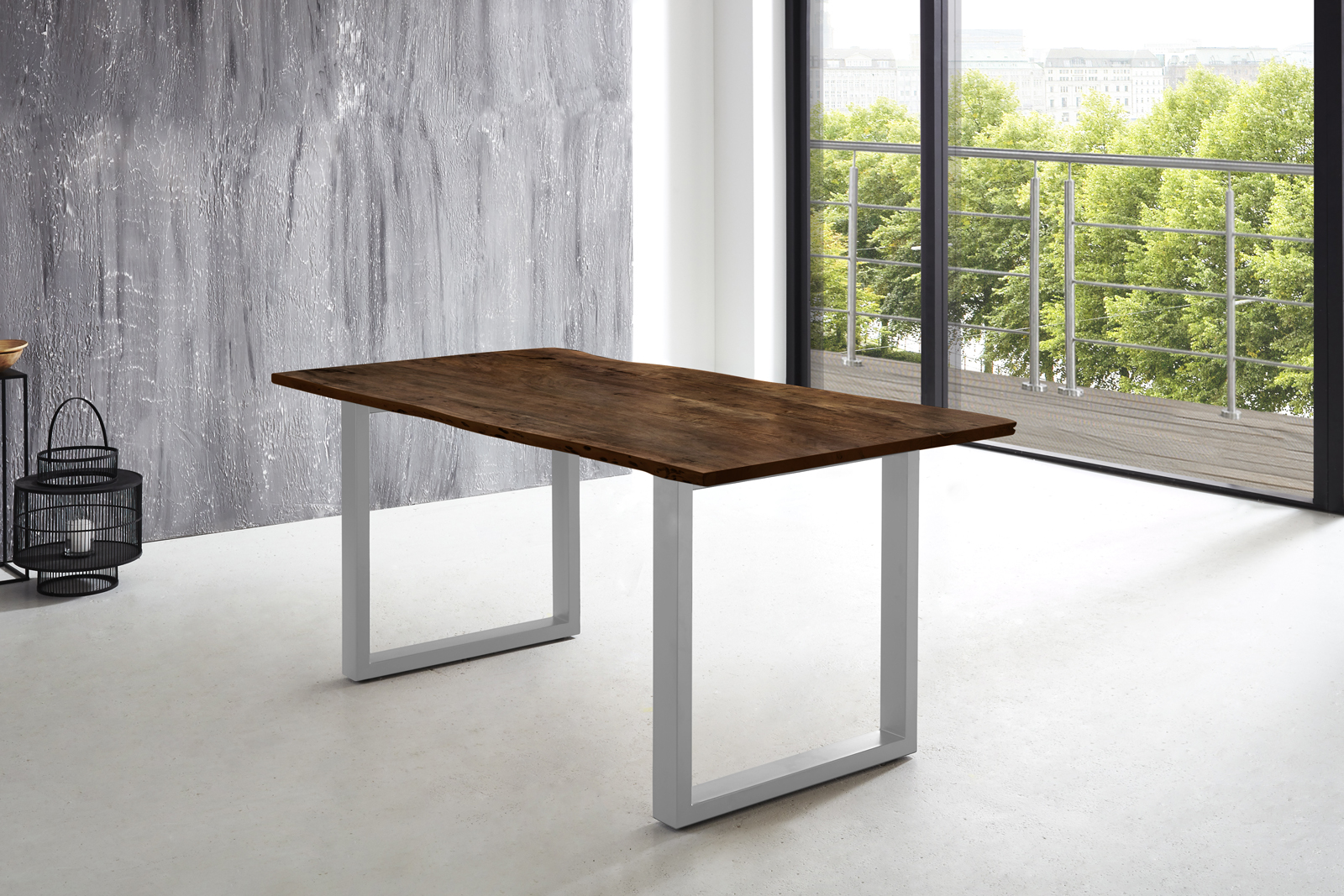 Esstisch Baumkante massiv Akazie nussbaum 200 x 100 U-Gestell silber LUBIN