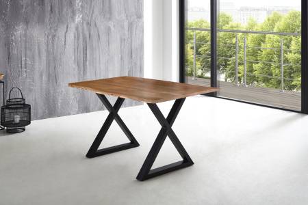 Esstisch Baumkante massiv Akazie natur 140 x 80 X-Gestell schwarz LUBIN