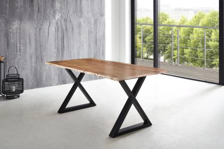 Esstisch Baumkante massiv Akazie natur 200 x 100 X-Gestell schwarz LUBIN