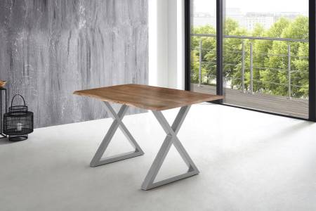 Esstisch Baumkante massiv Akazie natur 140 x 80 X-Gestell silber LUBIN