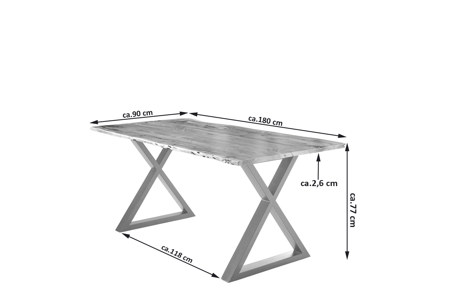 Esstisch Baumkante massiv Akazie natur 180 x 90 X-Gestell silber LUBIN – Bild 3