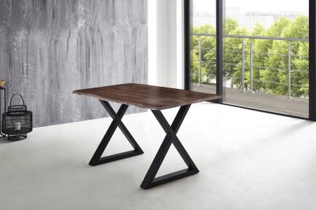 Esstisch Baumkante massiv Akazie nussbaum 140 x 80 X-Gestell schwarz LUBIN