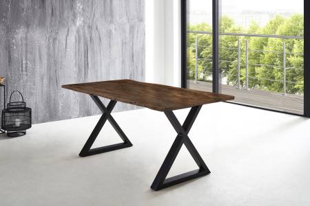 Esstisch Baumkante massiv Akazie nussbaum 160 x 85 X-Gestell schwarz LUBIN