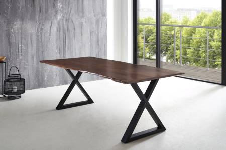 Esstisch Baumkante massiv Akazie nussbaum 220 x 100 X-Gestell schwarz LUBIN