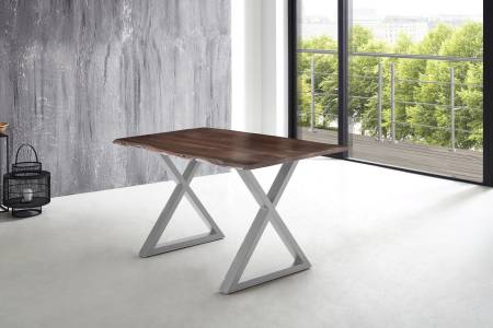 Esstisch Baumkante massiv Akazie nussbaum 140 x 80 X-Gestell silber LUBIN