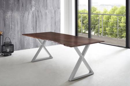 Esstisch Baumkante massiv Akazie nussbaum 220 x 100 X-Gestell silber LUBIN