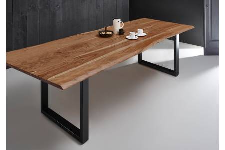 Esstisch Baumkante massiv Akazie natur 300 x 100 U-Gestell schwarz MILO