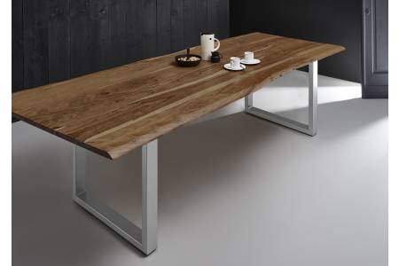 Esstisch Baumkante massiv Akazie natur 280 x 100 U-Gestell silber MILO