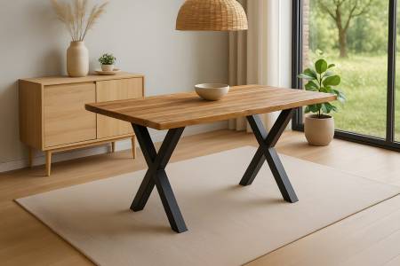 Esstisch Baumkante 180 x 90 cm Mangoholz Rough X-Gestell schwarz MIRABELLE