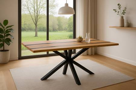 Baumkantentisch 180 x 90 cm Akazie natur Epoxidharz-River in Schwarz Spider-Gestell schwarz PEDRO