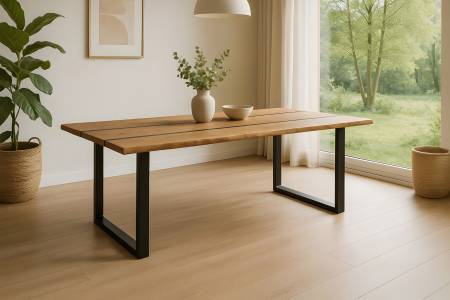 Baumkantentisch 220 x 100 cm Akazie natur Epoxidharz-River in Schwarz U-Gestell schwarz PEDRO