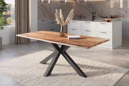 Baumkantentisch Akazie natur mit schwarzen Resin-Adern 220 x 100 cm Spider-Gestell schwarz POLLY