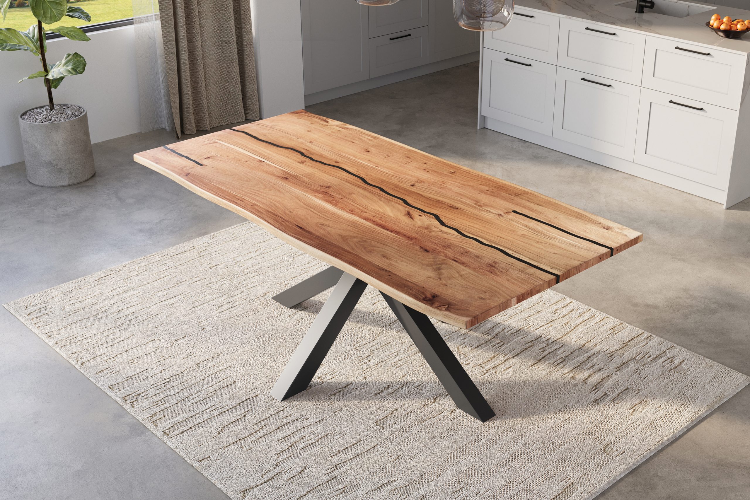 Baumkantentisch Akazie natur mit schwarzen Resin-Adern 240 x 100 cm Spider-Gestell schwarz POLLY – Bild 5