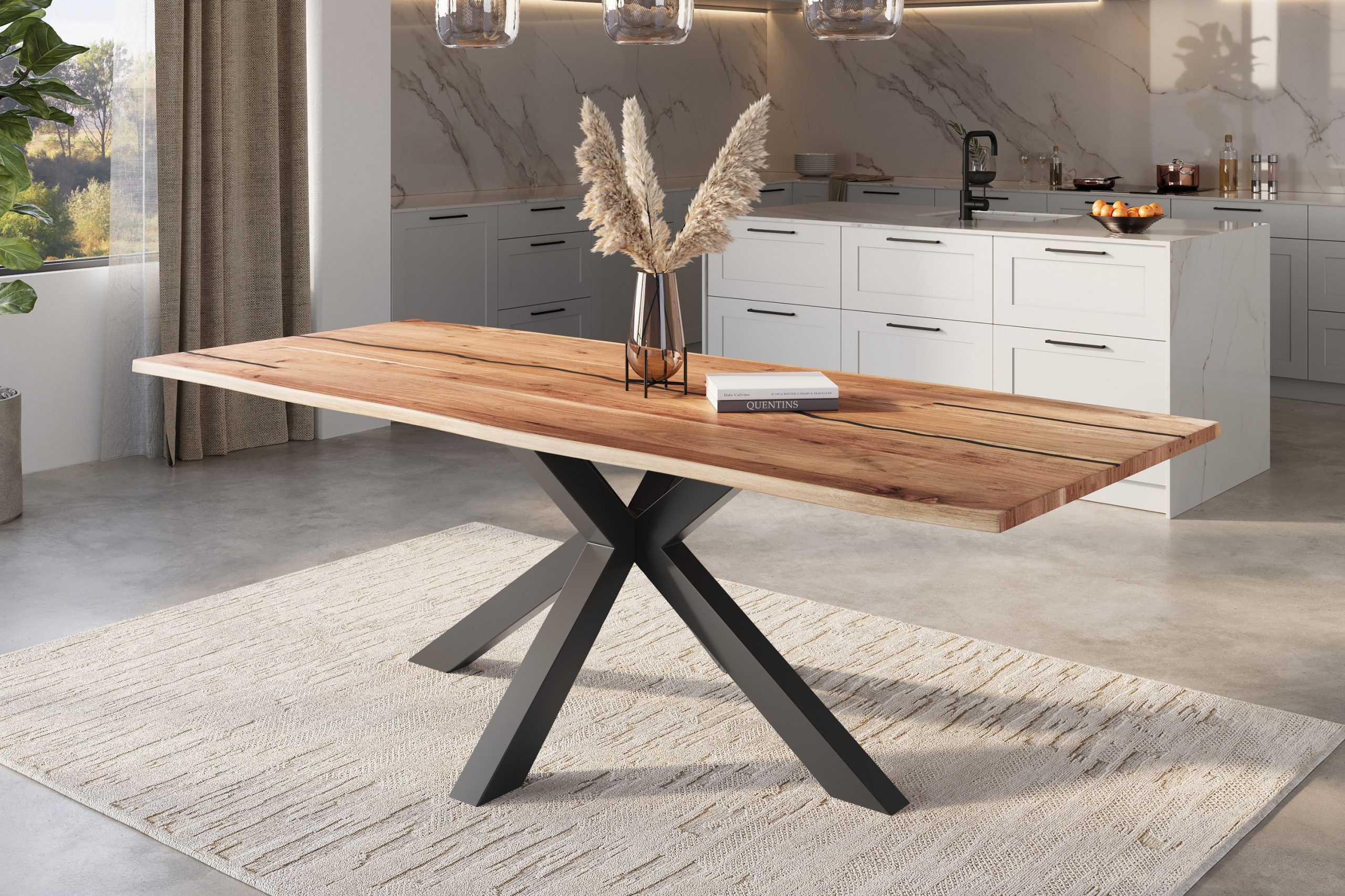 Baumkantentisch Akazie natur mit schwarzen Resin-Adern 260 x 100 cm Spider-Gestell schwarz POLLY