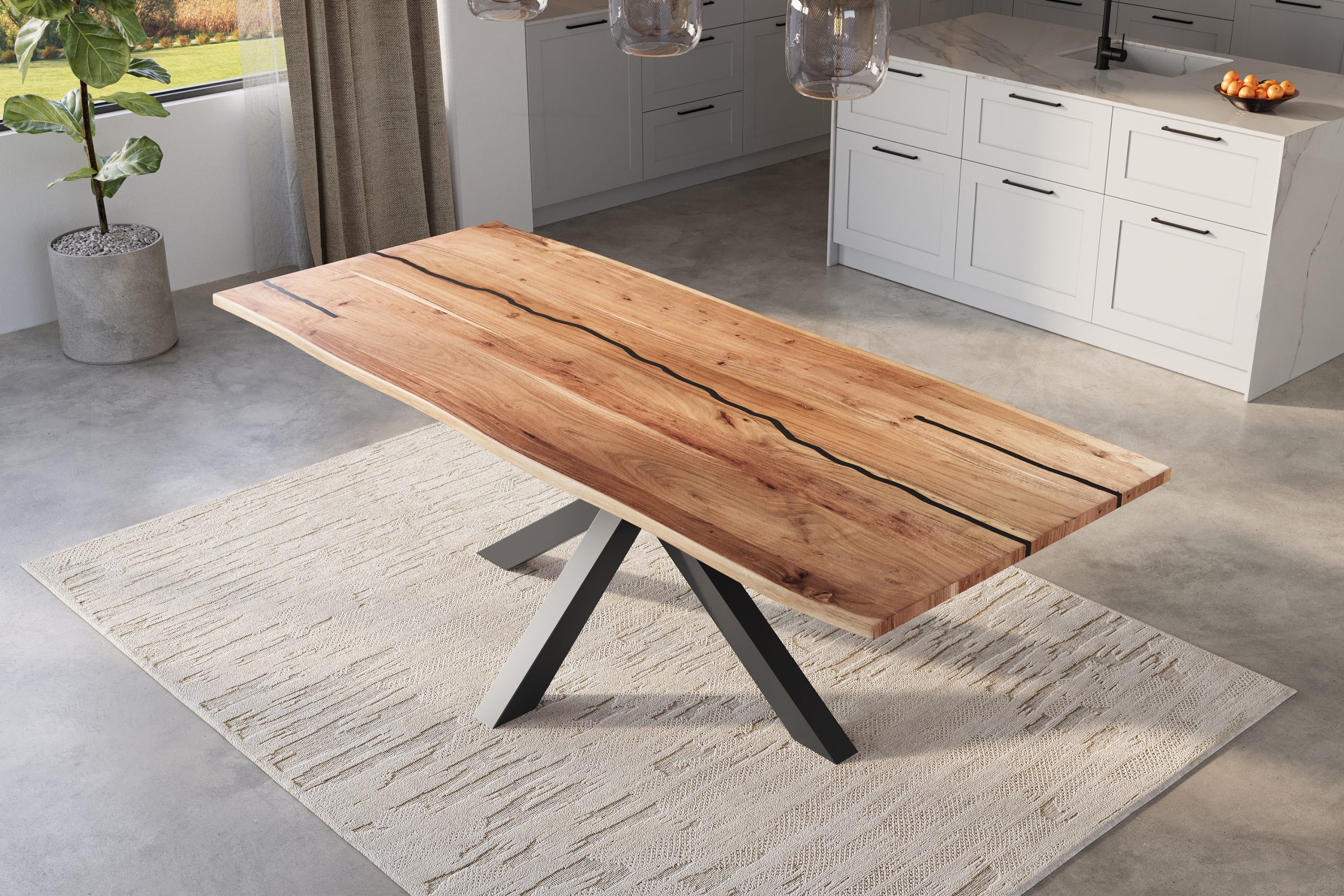 Baumkantentisch Akazie natur mit schwarzen Resin-Adern 260 x 100 cm Spider-Gestell schwarz POLLY – Bild 5