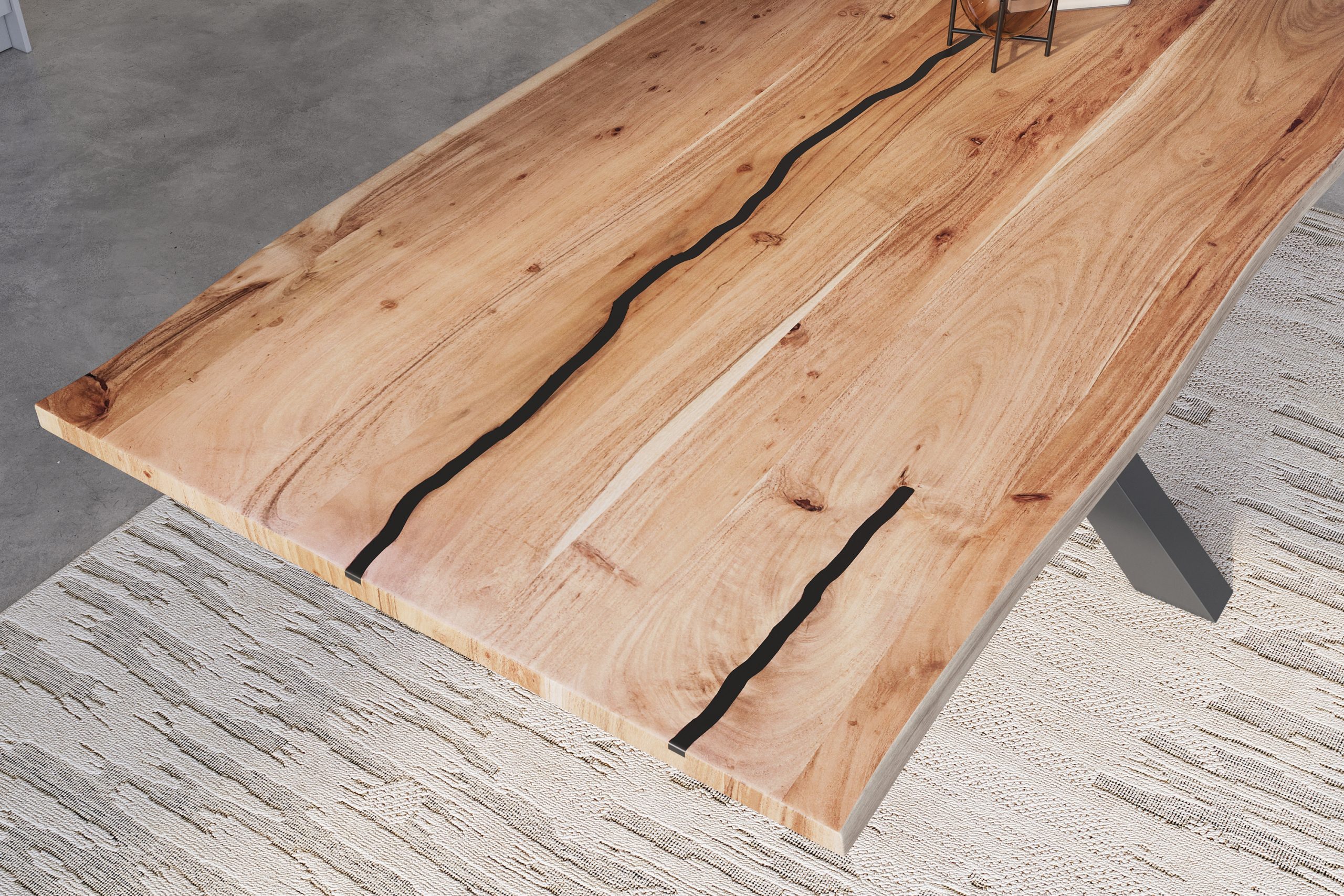 Baumkantentisch Akazie natur mit schwarzen Resin-Adern 260 x 100 cm Spider-Gestell schwarz POLLY – Bild 6