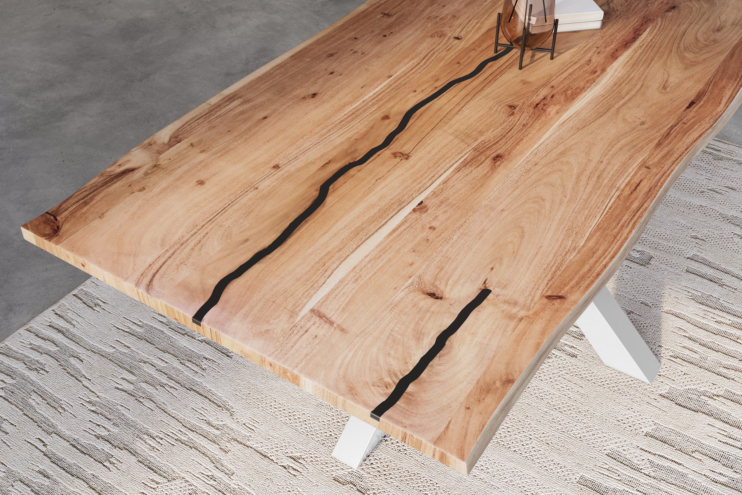 Baumkantentisch Akazie natur mit schwarzen Resin-Adern 220 x 100 cm Spider-Gestell silber POLLY – Bild 5