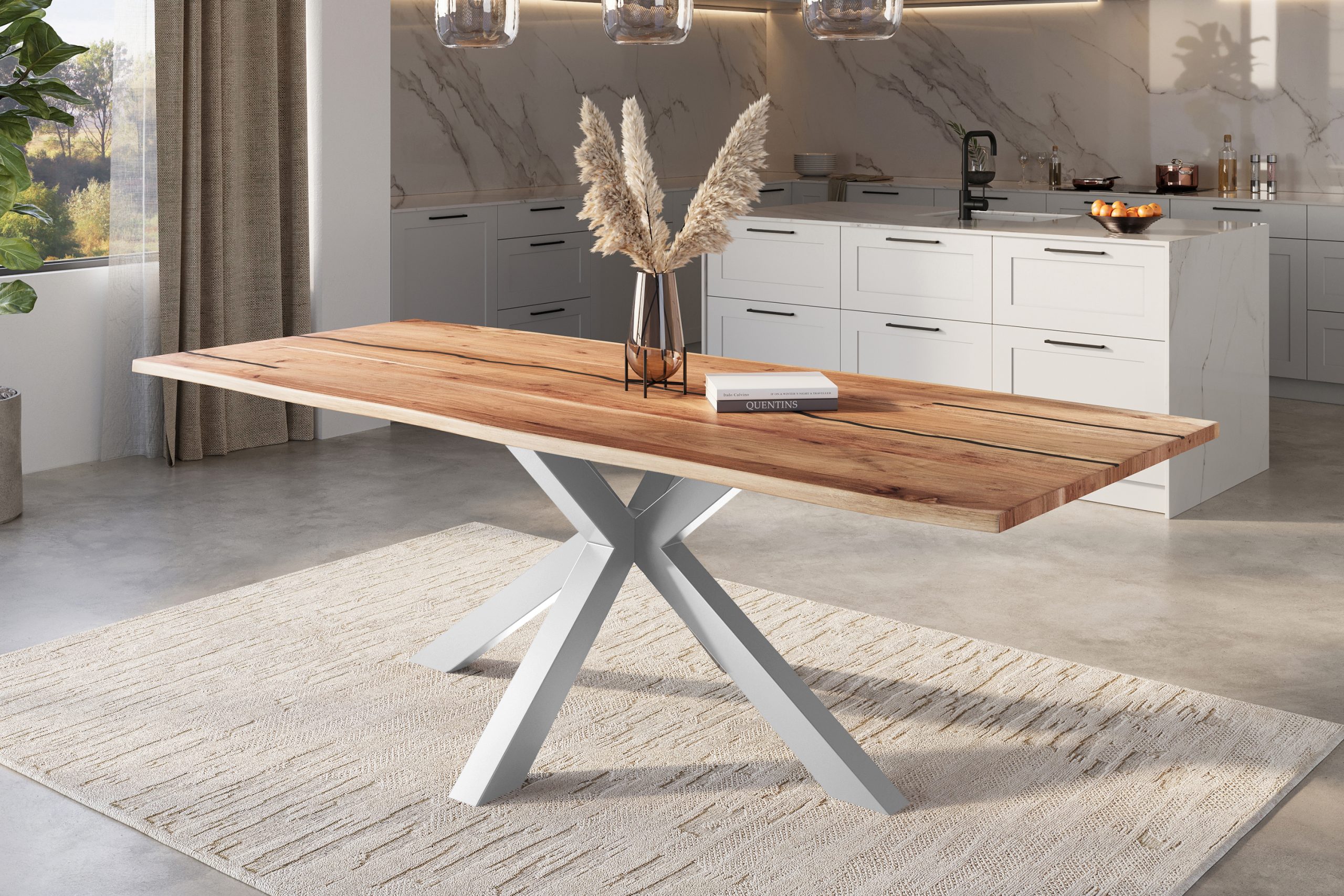 Baumkantentisch Akazie natur mit schwarzen Resin-Adern 260 x 100 cm Spider-Gestell silber POLLY