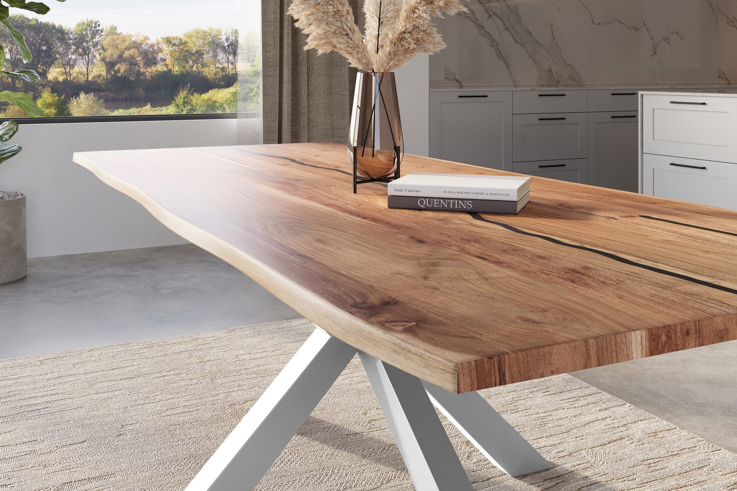 Baumkantentisch Akazie natur mit schwarzen Resin-Adern 260 x 100 cm Spider-Gestell silber POLLY – Bild 4