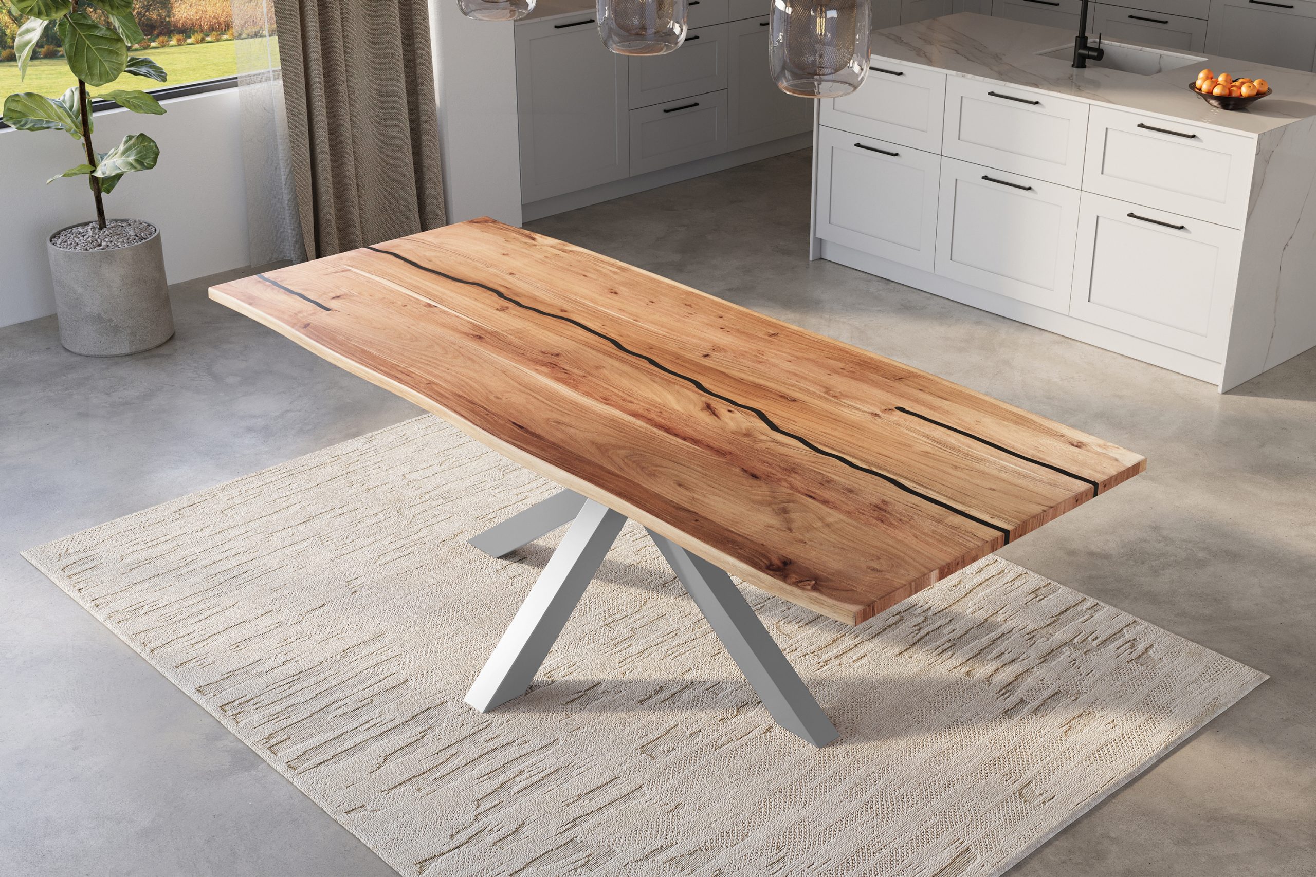 Baumkantentisch Akazie natur mit schwarzen Resin-Adern 260 x 100 cm Spider-Gestell silber POLLY – Bild 5