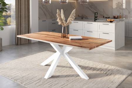 Baumkantentisch Akazie natur mit schwarzen Resin-Adern 220 x 100 cm Spider-Gestell weiß POLLY