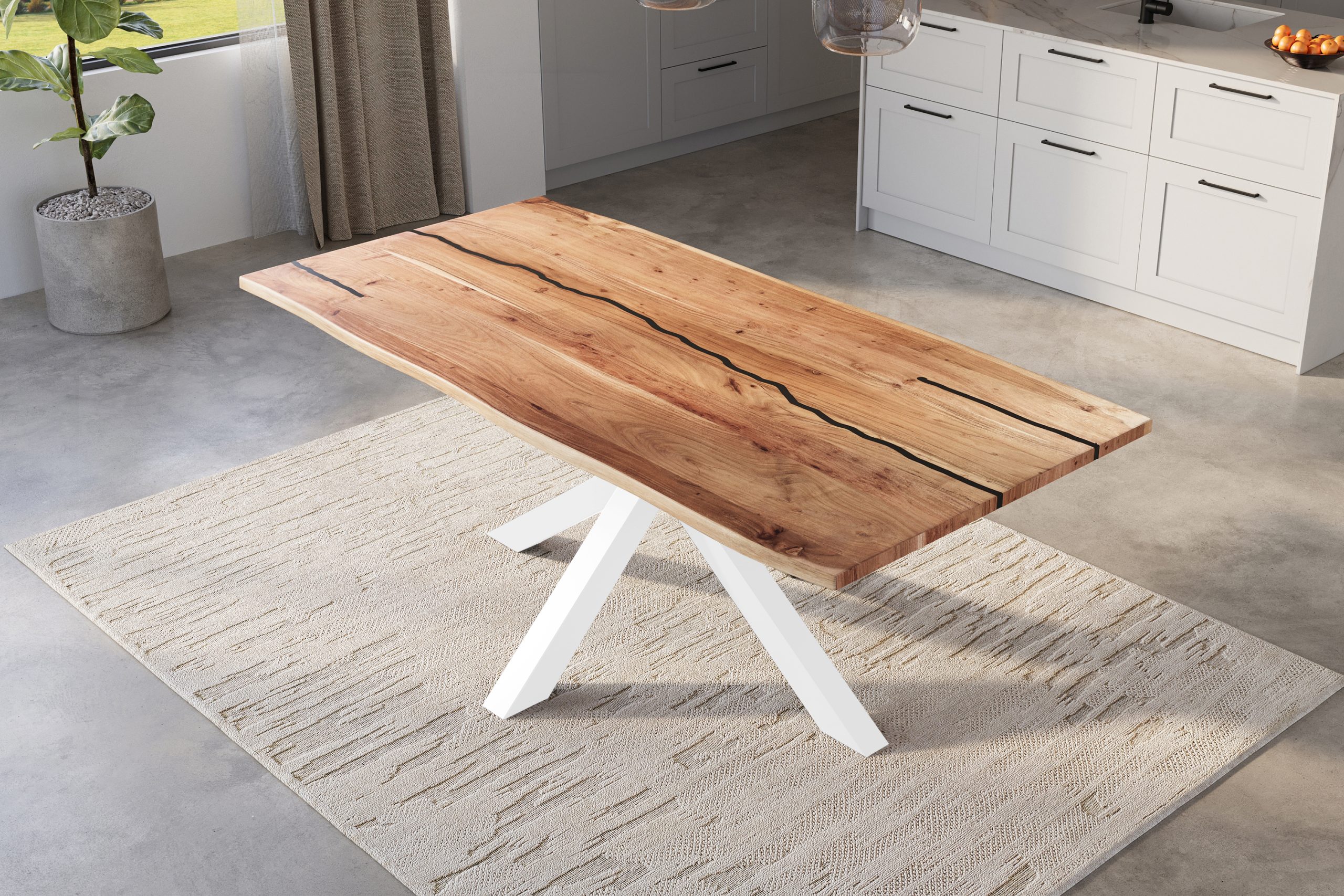 Baumkantentisch Akazie natur mit schwarzen Resin-Adern 220 x 100 cm Spider-Gestell weiß POLLY – Bild 5