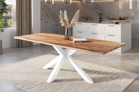 Baumkantentisch Akazie natur mit schwarzen Resin-Adern 260 x 100 cm Spider-Gestell weiß POLLY