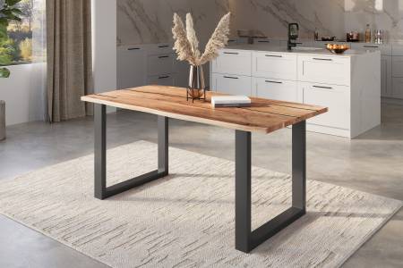 Baumkantentisch Akazie natur mit schwarzen Resin-Adern 180 x 90 cm U-Gestell schwarz POLLY