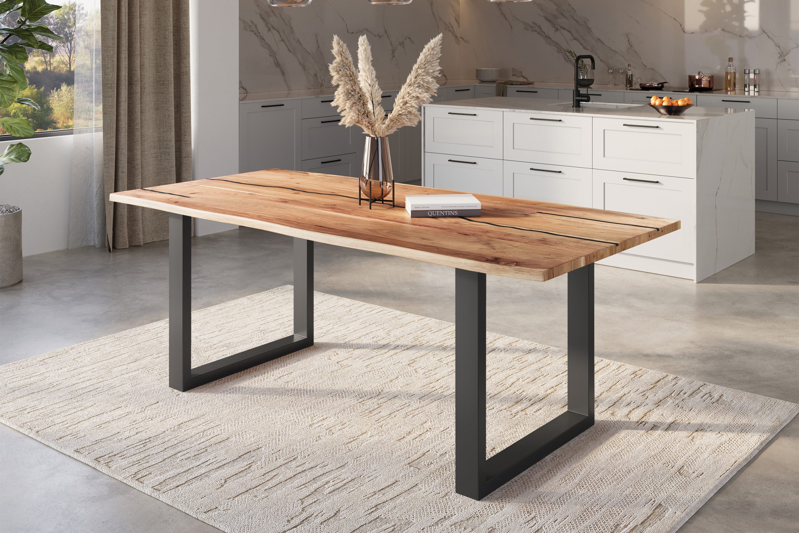 Baumkantentisch Akazie natur mit schwarzen Resin-Adern 220 x 100 cm U-Gestell schwarz POLLY