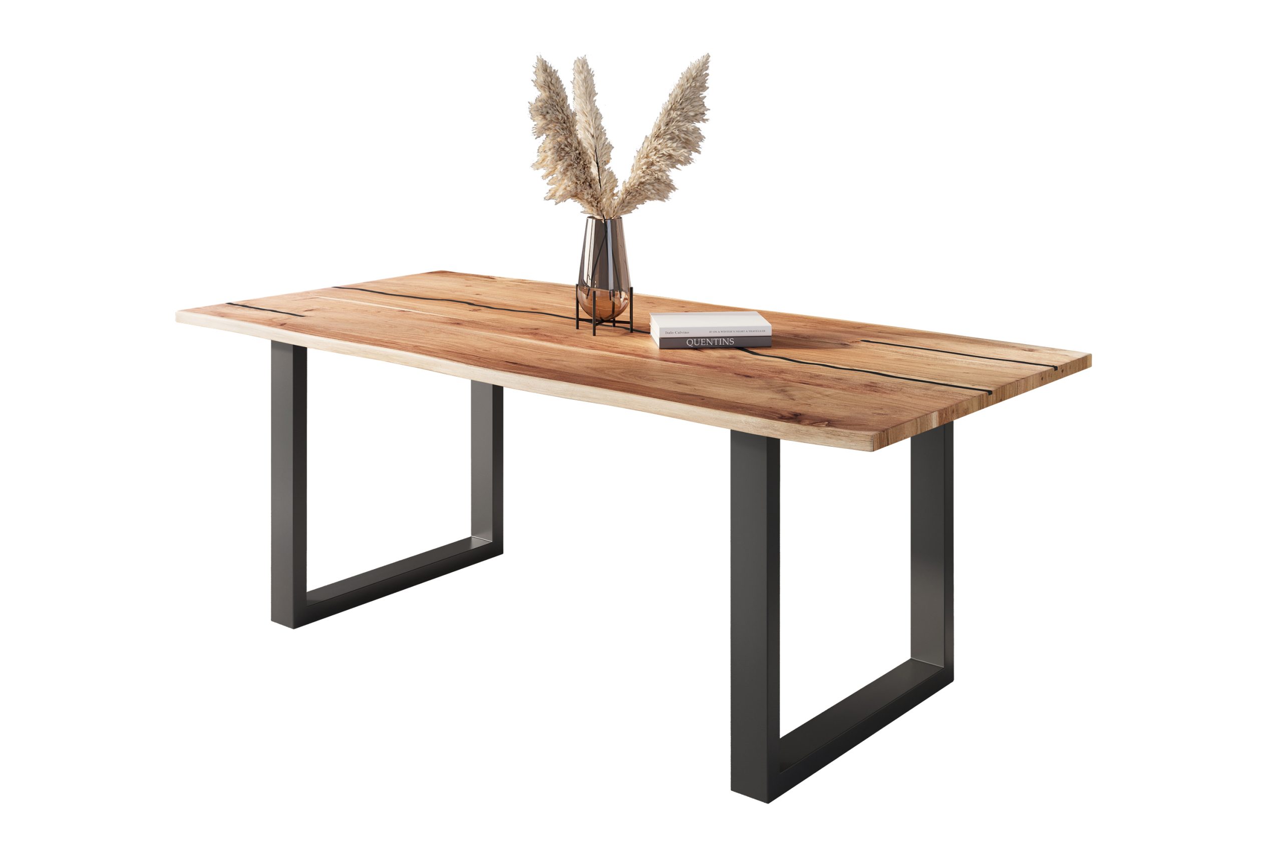 Baumkantentisch Akazie natur mit schwarzen Resin-Adern 220 x 100 cm U-Gestell schwarz POLLY – Bild 2