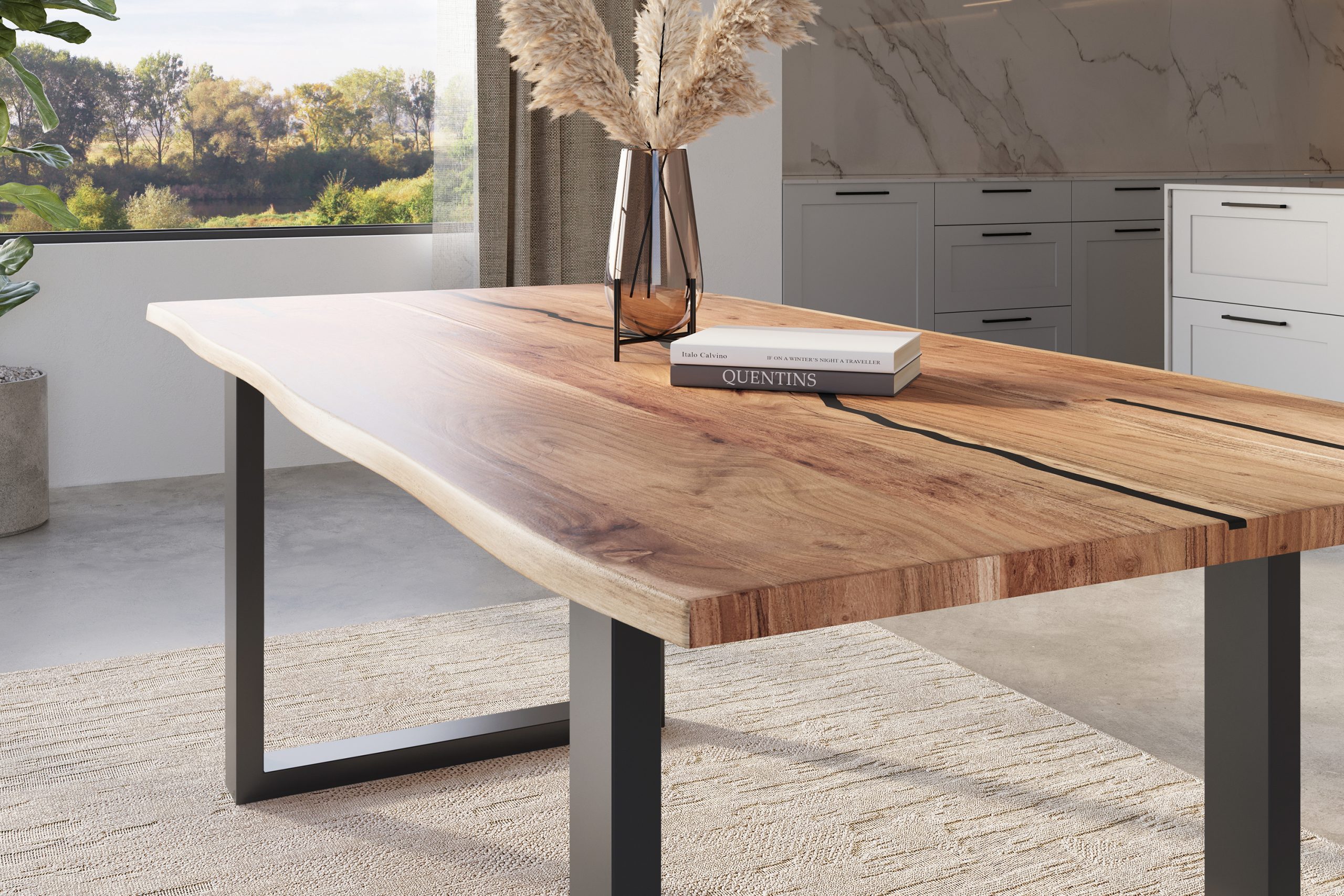 Baumkantentisch Akazie natur mit schwarzen Resin-Adern 220 x 100 cm U-Gestell schwarz POLLY – Bild 4