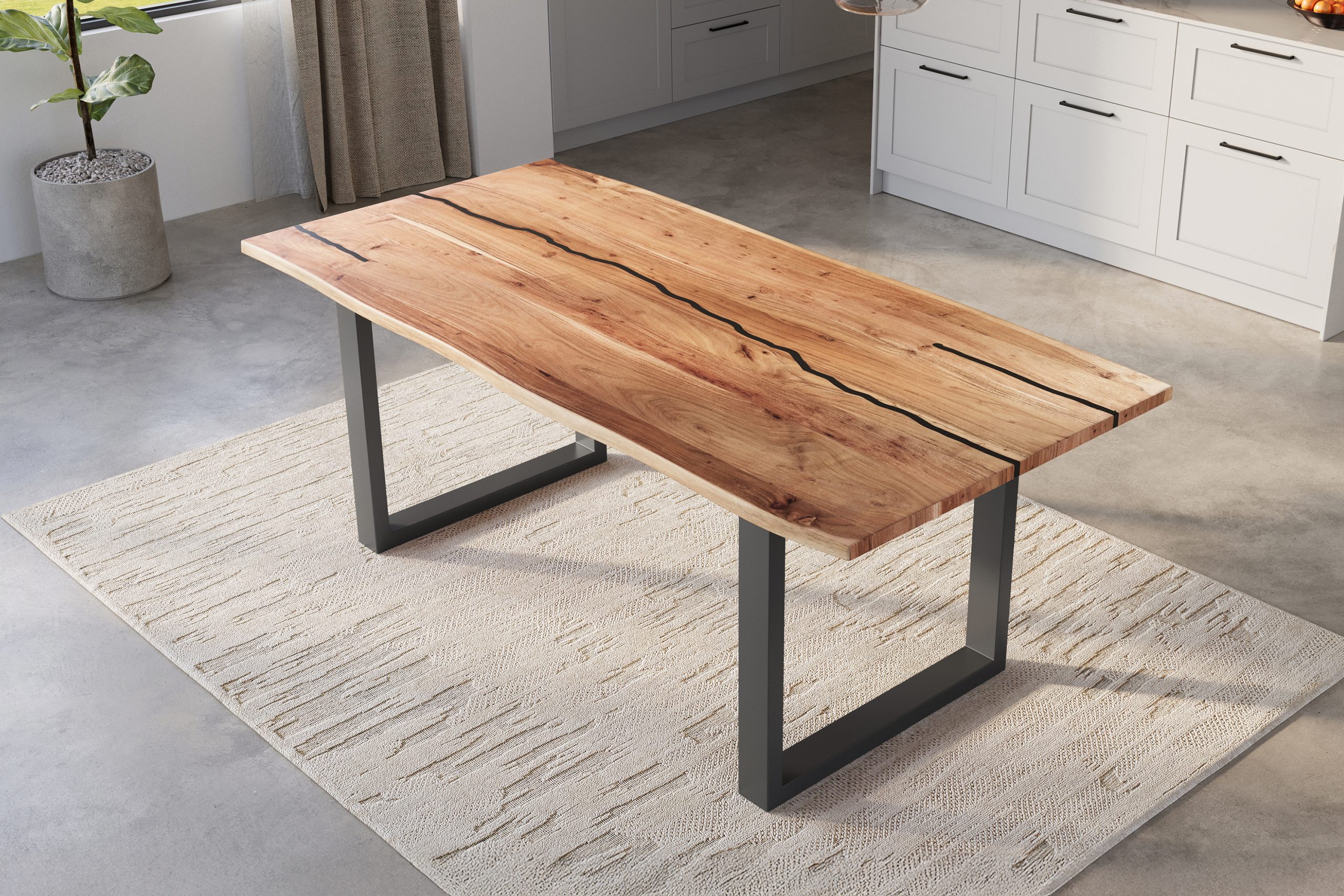 Baumkantentisch Akazie natur mit schwarzen Resin-Adern 220 x 100 cm U-Gestell schwarz POLLY – Bild 5