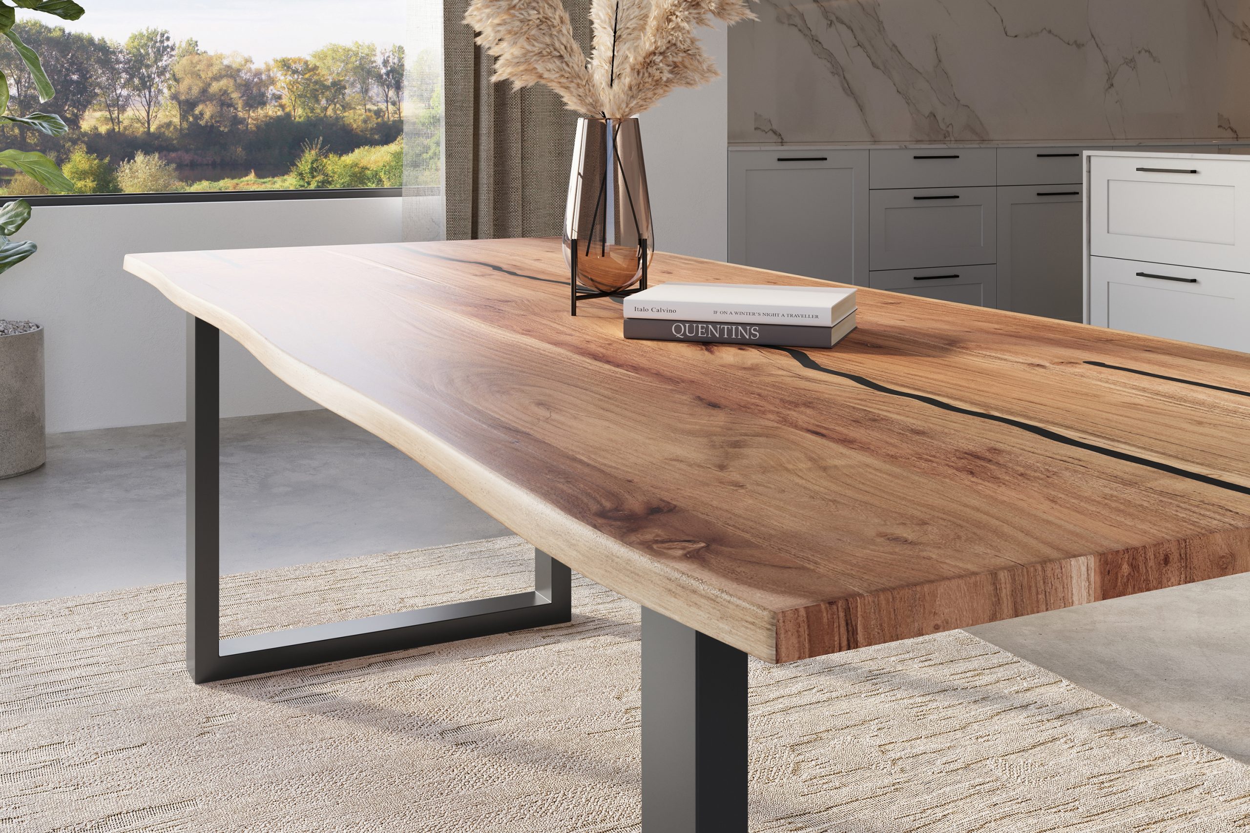 Baumkantentisch Akazie natur mit schwarzen Resin-Adern 260 x 100 cm U-Gestell schwarz POLLY – Bild 4